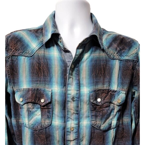 Petrol Industries Other - Petrol Industries Mens L Plaid Western Shirt Pearl Snap Blue Brown 100% Cotton